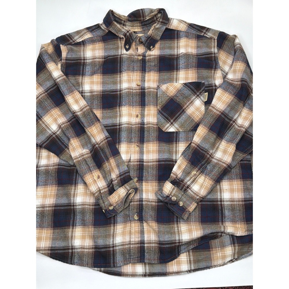 Woolrich Mens XXL Plaid Flannel Shirt Navy Blue Tan Long Sleeve Button Down
